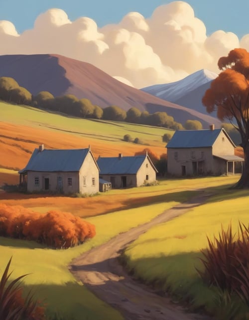 concept art A painting of a lovely fall scene, close up a field with the an old mining village   of New Zealand  in spring , nature, beauty, oil on canvas, shadows, night, medium shot centered pose shallow dof soft focus portrait of . digital artwork, illustrative, painterly, matte painting, highly detailed