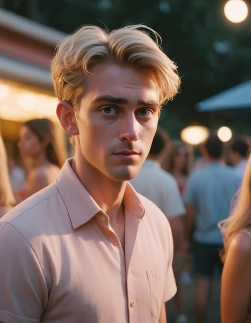 cinematic color grading lighting vintage realistic film grain scratches celluloid analog cool shadows warm highlights soft focus actor directed cinematography technicolor , confused, looking around scared , + / A lanky blonde haired man on vacation enjoying the local party scene in Brisbane at dawn