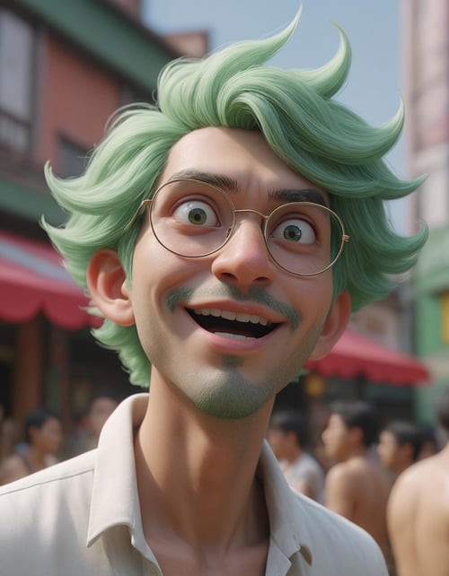 shiny intricate 3D graphics octane render highly detailed 8k HDR UHD high quality professional unreal engine PS5  cinematic vray  , skeptical, doubting, cynical , + / A fluffy green haired man on vacation enjoying the local party scene in Taichung at midday