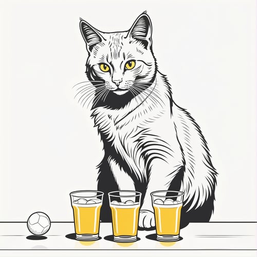 line art drawing impressionistic portrait artwork of a cat  playing beer pong drunken state . professional, sleek, modern, minimalist, graphic, line art, vector graphics