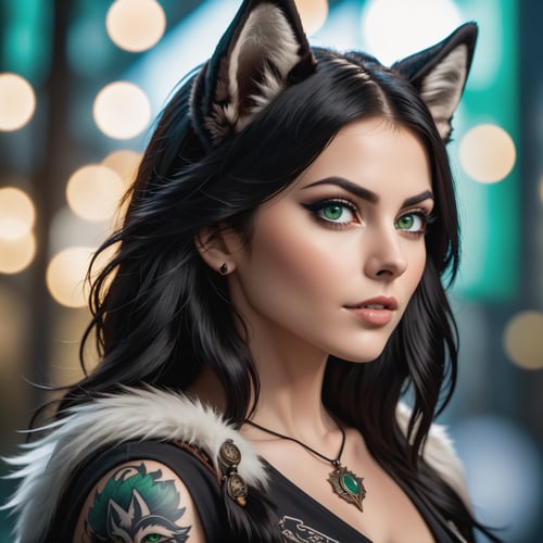 cinematic photo closeup face portrait of a black haired women with wolf ears , deep green eyes, tatoo on her right jaw , epic background . 35mm photograph, film, bokeh, professional, 4k, highly detailed