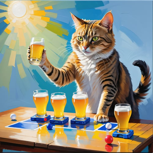 Impressionist painting impressionistic portrait artwork of a cat  playing beer pong drunken state . Loose brushwork, vibrant color, light and shadow play, captures feeling over form
