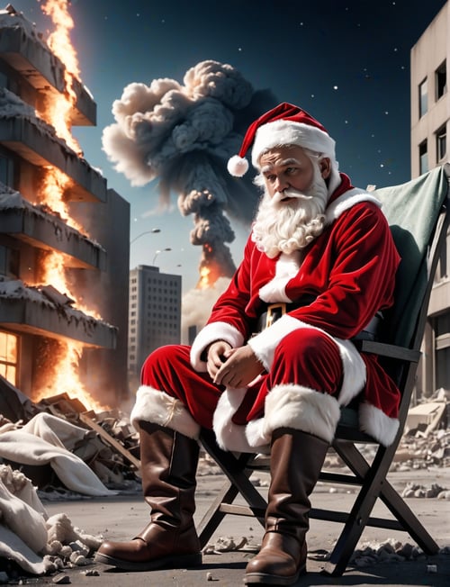 cinematic photo sad santa Santa Claus	deliver his last gift on the last day on earth, sitting, dirty cloth, destroyed city after nuclear blast . 35mm photograph, film, bokeh, professional, 4k, highly detailed