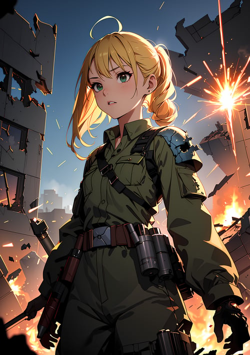 (Fantasy style), (anime), ((extremely detailed 8k illustration)), highres, (extremely detailed and beautiful), ultra detailed painting, professional illustrasion, Ultra-precise depiction, Ultra-detailed depiction, (beautiful and aesthetic:1.2), HDR, (depth of field:1.4),  (young girl),(WW2,green military costume,combat uniform,major),beautiful face and eyes,Beautiful hair, floating hair,shoulder length hair,(blonde hair),bobbed hair,pony tail,antenna hair, shiny skin,pretty,small stature,( flat chest), berserker, (☢:1.3),(smoke:1.2),(combat,wrecked tank:1.4),(in ruins,in town),(outdoor,sky), (sparks:1.3),(wartime:1.2),