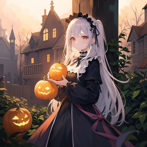 a girl in a Halloween costume, standing in front of a haunting house adorned with eerie decorations. The girl's costume is inspired by the mystical and macabre, with dark colors, flowing fabric, and intricate details. She holds a carved pumpkin, its flickering candle casting an eerie glow on her face. The haunting house behind her is dilapidated, with broken windows and overgrown vines, creating a spooky atmosphere. Shot with a Sony A7 III, Fujifilm Velvia 50 film, 35mm lens, capturing the haunting beauty of the scene with rich colors and sharp details.