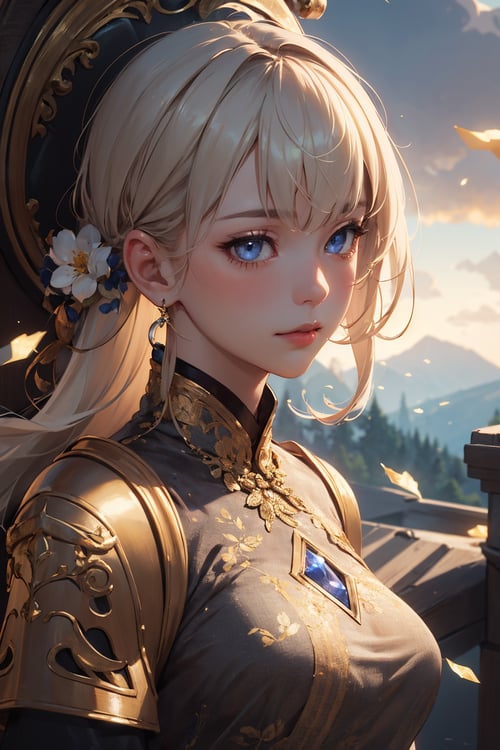 (masterpiece, best quality:1.5), (photorealistic:1.3), official art, absurdres, unity 32k wallpaper, ultra-detailed, intricate details, HDR, soft lighting, vibrant, depth of field, 1girl, chinese clothes, armor, moutain top, cloudy sky, sparkling, sparkle, glowing, glowing aura, dynamic angles, dynamic pose