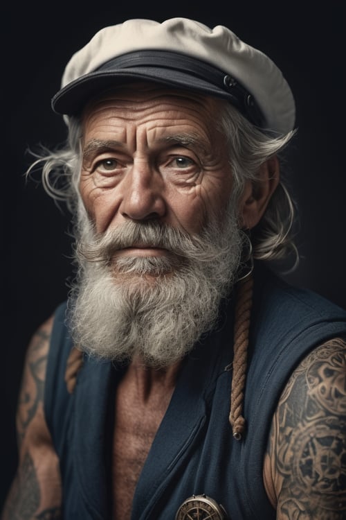 Hyper detailed photograph of a captivating portrait of a wise and weathered old sailor, adorned with nautical tattoos and a rugged expression that tells tales of countless voyages, (looking at viewer:1.2), (sharp focus, hyper detailed, highly intricate:1.20), (natural lighting:1.2), Extremely high-resolution details, photographic, realism pushed to extreme, fine texture, incredibly lifelike, cinematic, 35mm film, 35mm photography, film, photo realism, DSLR, 8k uhd, hdr, ultra-detailed, high quality, high contrast