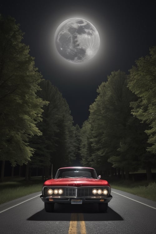 hyper detailed photograph of an old retro 60's car driving underneath a huge detailed full circular moon, stars in sky, nighttime,|photographic, realism pushed to extreme, fine texture, incredibly lifelike, cinematic, large format camera, photo realism, DSLR, 8k uhd, hdr, ultra-detailed, high quality, high contrast
