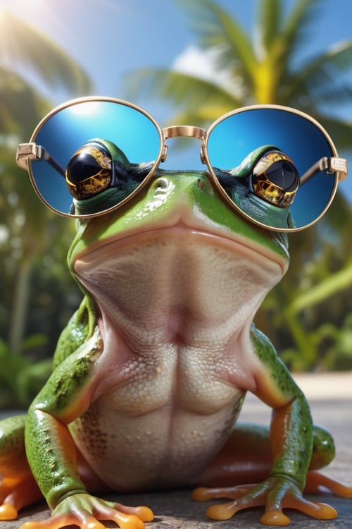 hyper detailed photograph of a frog wearing sunglasses under a tropical sky, daytime,|photographic, realism pushed to extreme, fine texture, incredibly lifelike, cinematic, large format camera, photo realism, DSLR, 8k uhd, hdr, ultra-detailed, high quality, high contrast