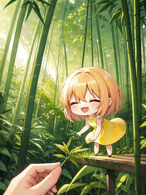 best quality, amazing intricate, cute girl, (chibi:1.6), round eyes, medium breast, closed eyes and smile, :d, dark green hair, bent over, in a bamboo forest, (looking away:1.2), medium hair, bob cut, (hair between eyes:1.2), , (straight hair:1.2), , , , from side, portrait, yellow dress, tube dress, , 