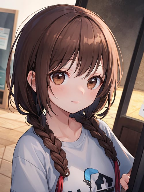 best quality, amazing intricate, cute girl, round eyes, dark brown eyes, dark brown hair, twin braid,stupid face,from front, (dutch angle:1.2), peeking in, portrait,t-shirt
