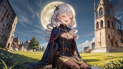 (Medieval European Fantasy:1.2), best quality, amazing intricate, adventurer girl, solo, (looking away:1.3), closed eyes and smile, :d, (Wizard:1.2), Tan, small breasts,  gray hair, medium hair, flipped hair, (widow's peak:1.2), , , (twin drills:1.2), , comb over, from side, portrait, , sitting, (night:1.2), (grassland exterminating monsters, Peryton:1.2)
