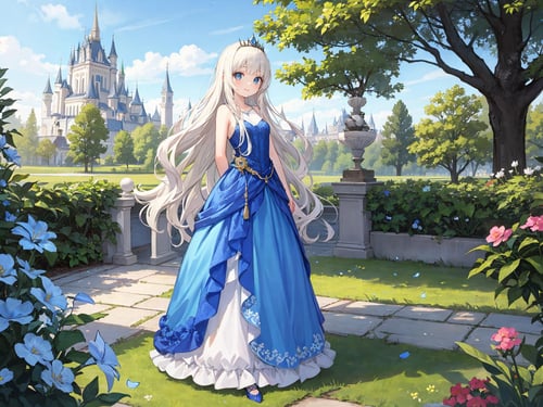 best quality, amazing intricate, princess, cute and beautiful face, (round eyes, big eyes, blue eyes, smile:1.2), looking at viewer, blunt bangs, (platinum blond hair:1.2), long hair, (wavy hair:1.1), (silver tiara:1.2), (blue:1.4) princess dress, (fishnet pantyhose:1.2), white pumps, from front, standing, full body, (v arms:1.2), The whole body shines divinely, garden, castle, Followed by upright knights on both sides