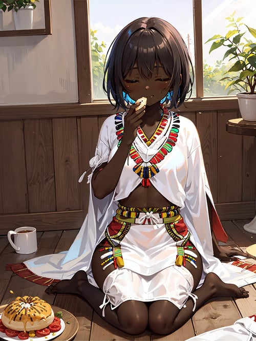 ultra detailed, female, closed eyes and smile, eating, feast, closed mouth, (puff out cheeks:1.6), dark skin, black hair, short hair, frizzy hair, developing country, in shabby house, sitting floor, (dashiki:1.6), barefoot, (thin:1.3) <lora:kasshokuhada:1>