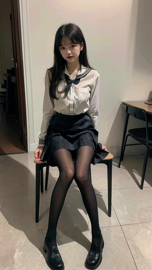 masterpiece, best quality,<(realistic:1.3), intricate details>,1girl,(0d),full body,black pantyhose,loafers, plaid skirt, black_footwear,school uniform,sitting,desk,looking at viewer,class,day, <lora:hsod:0.45>, <lora:jyy:0.55>