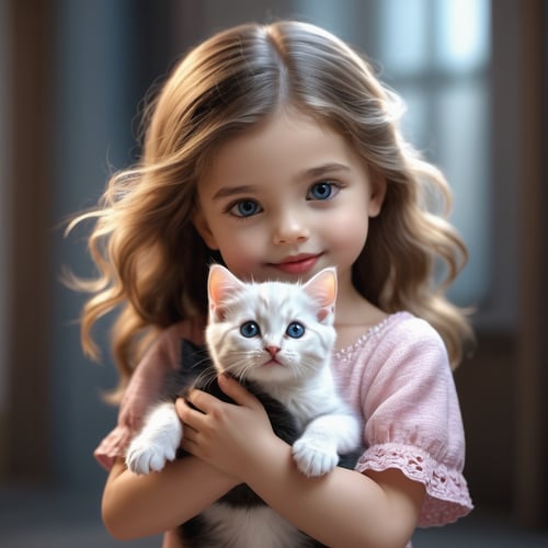 A little beautiful glorious girl is holding a baby kitten. The little girl has two hands, with each hand having five fingers. The kitten is super cute, with cute eyes and fur that is fluffy and a look that makes you want to cuddle it.,make_3d