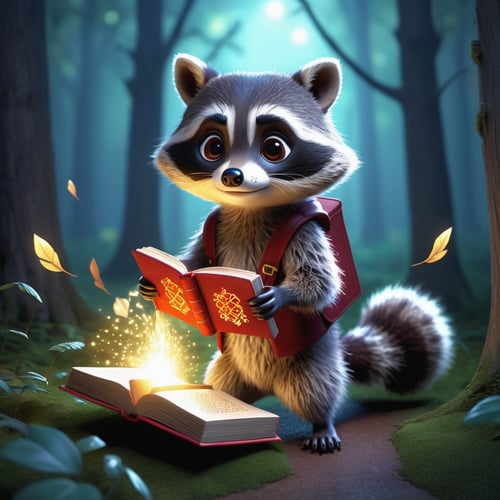 frightened, in the forest, boyaguz, a cute little raccoon who stole a magic book, 2 characters, anime, cartoon, light effect, cute, quirky cute, lighting is smooth, in 3d animation, 6 similar pictures ,make_3d
