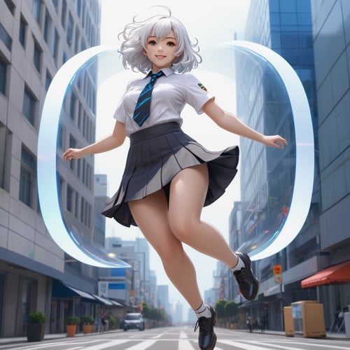 a beautiful anime girl white curvy hair floating, full body, masterpiece, mini skirt, c cup, genshin impact, robot, happy face, jumping, watching to viewer, drawing on hologram screen, white office shirt, floating necktie, street urban style.,make_3d