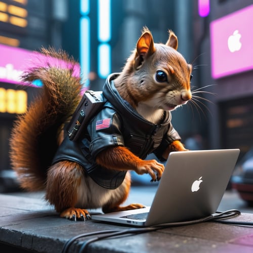 A squirrel working on a MacBook in a cyberpunk area ,make_3d