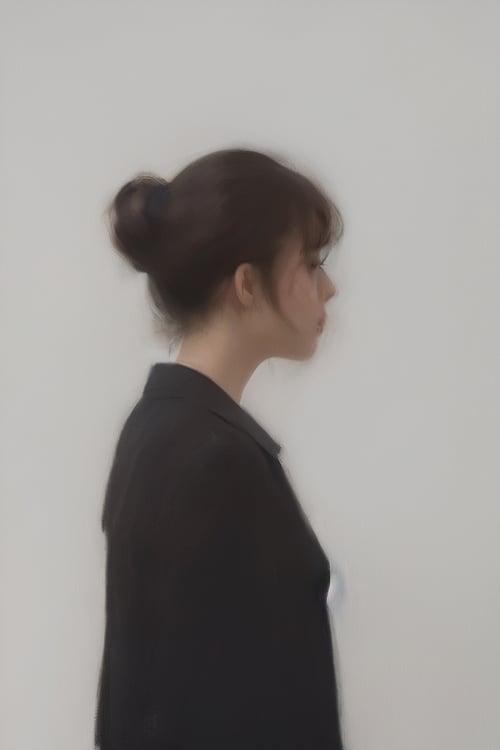A sad girl back view , hair tied, , flat simple background, A melancholic painting