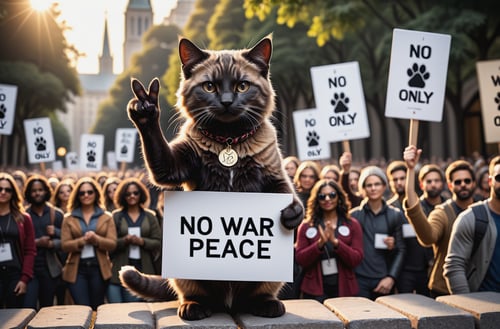 cinematic film still a activist cat rally, protesting against war, making a peace sign, holding a sign text:("No War only peace") ,paws , other cat activists in the background,shallow depth of field, vignette, highly detailed, high budget, bokeh, cinemascope, moody, epic, gorgeous, film grain, grainy, high quality photography, 3 point lighting, flash with softbox, 4k, Canon EOS R3, hdr, smooth, sharp focus, high resolution, award winning photo, 80mm, f2.8, bokeh . professional, sleek, modern, minimalist, graphic, line art, vector graphics