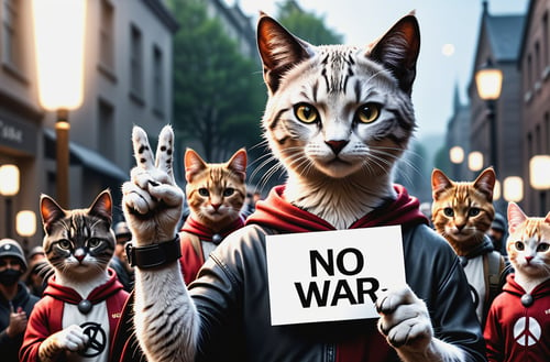 cinematic film still a activist cat rally, protesting against war, making a peace sign, holding a sign text:("No War") ,paws , other cat activists in the background,shallow depth of field, vignette, highly detailed, high budget, bokeh, cinemascope, moody, epic, gorgeous, film grain, grainy, high quality photography, 3 point lighting, flash with softbox, 4k, Canon EOS R3, hdr, smooth, sharp focus, high resolution, award winning photo, 80mm, f2.8, bokeh . professional, sleek, modern, minimalist, graphic, line art, vector graphics