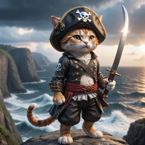 a cute cat pirat one piece outfit wearing a staw hat he is raising his saber and is standing on a cliff and is looking down on an stormy ocean a new dawn is rising on the horizont, high quality photography, 3 point lighting, flash with softbox, 4k, Canon EOS R3, hdr, smooth, sharp focus, high resolution, award winning photo, 80mm, f2.8, bokeh