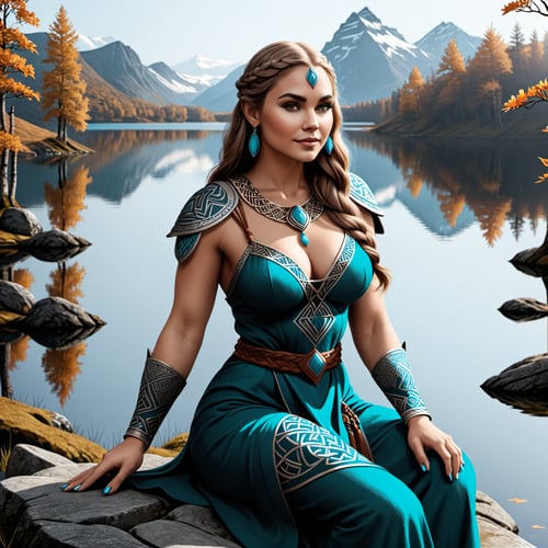 line art drawing a old norse tribal artwork of an Beautiful woman sitting near a lake, norse knotwork . professional, sleek, modern, minimalist, graphic, line art, vector graphics