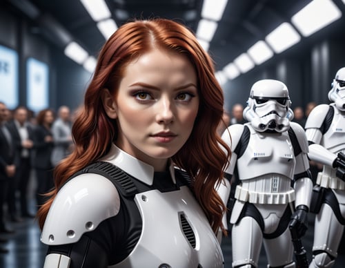 cinematic photo closeup of a  red haired  stormtrooper woman, high quality photography, 3 point lighting, flash with softbox, 4k, Canon EOS R3, hdr, smooth, sharp focus, high resolution, award winning photo, 80mm, f2.8, bokeh . 35mm photograph, film, bokeh, professional, 4k, highly detailed