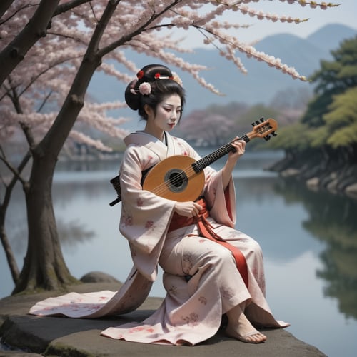 Beautiful geisha plays shamisen in Edo Japan near a lake under cherry blossom tree