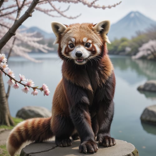 Beautiful  closeup portrait of an red panda Edo Japan near a lake under cherry blossom tree