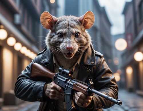 cinematic photo closeup of a rat hitman with his ak47 shooting towards viewer, angry , fangs , paws, high quality photography, 3 point lighting, flash with softbox, 4k, Canon EOS R3, hdr, smooth, sharp focus, high resolution, award winning photo, 80mm, f2.8, bokeh . 35mm photograph, film, bokeh, professional, 4k, highly detailed