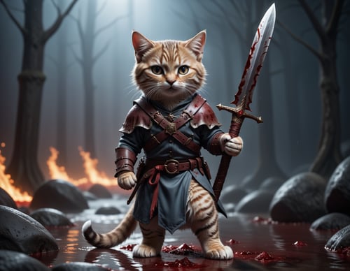 cinematic film still an cute cat is standing in hell covered in blood holding his giant sword corpses are all over the ground in a sea of blood, high quality photography, 3 point lighting, flash with softbox, 4k, Canon EOS R3, hdr, smooth, sharp focus, high resolution, award winning photo, 80mm, f2.8, bokeh . shallow depth of field, vignette, highly detailed, high budget, bokeh, cinemascope, moody, epic, gorgeous, film grain, grainy