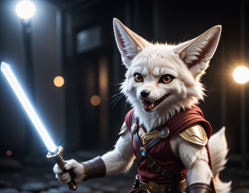 cinematic photo closeup of a cute white fennec fox  with his light saber r, angry , fangs , paws, high quality photography, 3 point lighting, flash with softbox, 4k, Canon EOS R3, hdr, smooth, sharp focus, high resolution, award winning photo, 80mm, f2.8, bokeh . 35mm photograph, film, bokeh, professional, 4k, highly detailed