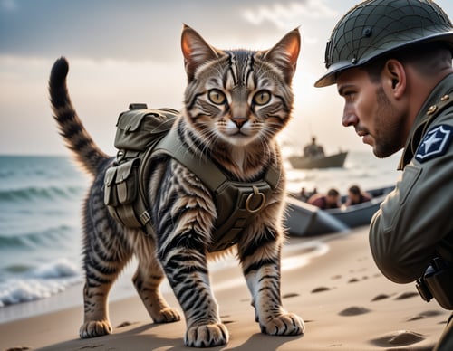 cinematic film still a cute cat soldier is storming omaha beach after the landing craft reached land , heavy gunfire towards the boat from the coast, high quality photography, 3 point lighting, flash with softbox, 4k, Canon EOS R3, hdr, smooth, sharp focus, high resolution, award winning photo, 80mm, f2.8, bokeh . shallow depth of field, vignette, highly detailed, high budget, bokeh, cinemascope, moody, epic, gorgeous, film grain, grainy