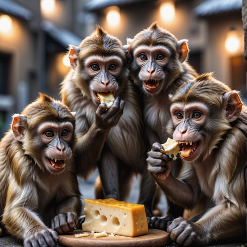 closeup photo of a monkey with 3 heads is eating cheese, detailed realistic fur, paws, fangs, high quality photography, 3 point lighting, flash with softbox, 4k, Canon EOS R3, hdr, smooth, sharp focus, high resolution, award winning photo, 80mm, f2.8, bokeh