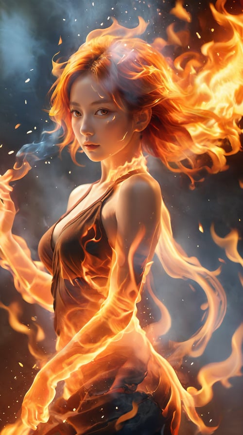 (fire element:1.1),composed of fire elements,(1girl:1.1),<lora:xl-shanbailing-1003fire-000010:0.8>,(burning:1.1),((a girl wrapped in flames soaring flames radiating sparks)),fire,(molten rock:1.1),flame skin,flame print,fiery  clothing,fiery hair,smoke,cloud,cleavage,perfect face,the perfect hand,transparency,
