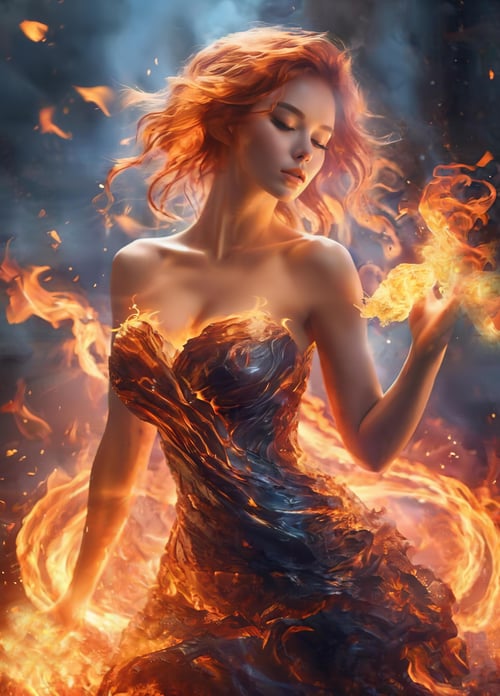 (Masterpiece, high quality, best quality, official art, beauty and aesthetics:1.2),(fire element:1.1),composed of fire elements,(1girl:1.2),<lora:xl-shanbailing-1003fire-000010:0.8>,burning,transparency,fire,(molten rock),flame skin,flame print,fiery hair,smoke,cloud,<lora:xl0917ukl-v12:0.6>,ukl,cleavage,big breasts,a girl wrapped in flames soaring flames radiating sparks,