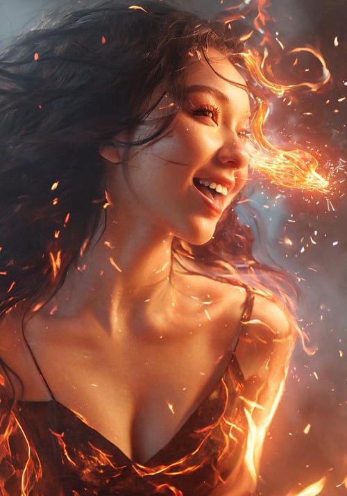 (Masterpiece, high quality, best quality, official art, beauty and aesthetics:1.2),(fire element:1.1),composed of fire elements,(1girl:1.2),<lora:xl-shanbailing-1003fire-000010:0.8>,burning,transparency,fire,(molten rock),flame skin,flame print,fiery hair,smoke,cloud,cleavage,a girl wrapped in flames soaring flames radiating sparks,glowing_eye,leogirl,cute 1girl,messy long black hair,lip biting,seductive leaning forward,detailed skin,detailed face,cleavage,realistic,photorealistic,(studio light:1.4),Artgerm,evil smile,choker,black simple background,