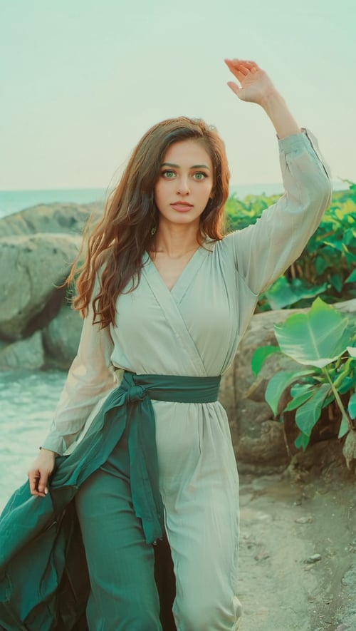 aw0k euphoric style, photograph, (beautiful woman:1.1) , wearing Deserted Indonesian Emerald Azure Hood, Action scene, Revealing Long flowy hairstyle, horizon-centered, Serial Art, film grain, Fuji superia 400, Circular polarizer, (art by Yuumei:0.9,  detailed hands, <lora:katu:1> <lora:vhsart:1>  <lora:bdsm_SDXL_1_:0.72> 
