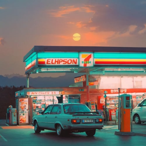 aw0k euphoric style, a car in a gas station <lora:vhsart:0.85>  