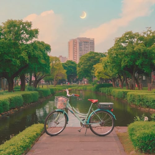 aw0k euphoric style, a bicycle in a pond, city <lora:vhsart:0.8>  