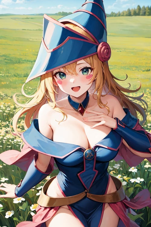 masterpiece, best quality, highres, hmdmg1, wizard hat, blush, blush stickers, cleavage, bare shoulders, dress, off shoulder, <lora:dark_magician_girl_v1:0.7>, cowboy shot, standing, smile, open mouth, field, 