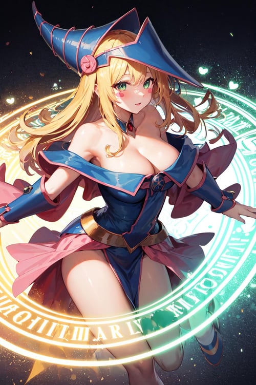 masterpiece, best quality, highres, hmdmg1, wizard hat, blush, blush stickers, cleavage, bare shoulders, dress, off shoulder, <lora:dark_magician_girl_v1:0.7>, command spell, magic, magic circle, 