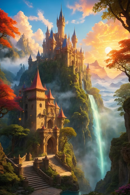 (epic fantasy castle perched on a mountainside, dragons soaring overhead, knights guarding gates, grandeur architecture, ancient ruins, enchanted forest, majestic mountains, mythical creatures, ethereal atmosphere, dramatic landscape, cliffs and waterfalls, medieval vibes, hidden passageways, mysterious aura, glowing crystals, magical elements, hidden treasures, golden sunset, clouds swirling, artistic brushstrokes, vivid colors, gleaming armor, ornate tapestries, flaming torches, foggy mist, moonlit skies, rays of sunlight, shadows dancing, moonlit courtyard, serene waterfall, lush greenery, stained glass windows, delicate stone carvings, exquisite marble statues)