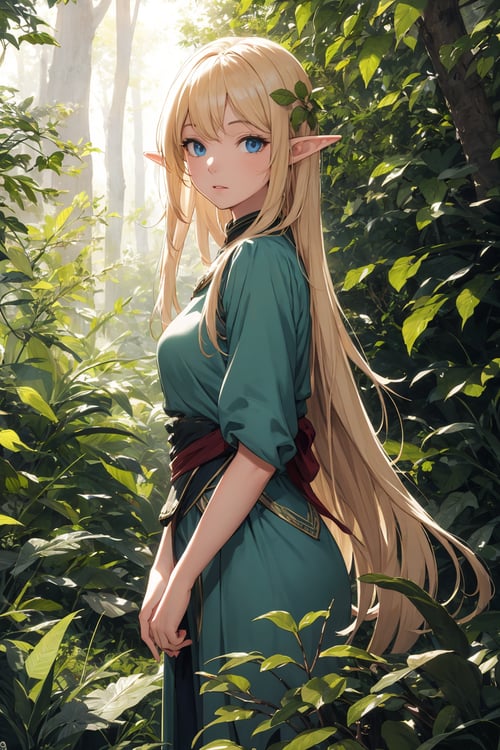absurdres ,high res, ultimate detailed, high-resolution in elaborateness BREAK (photorealistic:1.4), RAW photo, stunning views BREAK1 beautiful elf, solo, green clothes, elf ears, blonde hair, long hair, expressionless, blue eyes BREAKdeep forest,