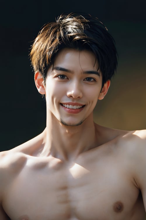professional photography,85mm lens,front view,halfbody shot,photograhpy,sharp focus,HD,8k,1boy,adult male,Asian slim male,(topless male:1.25),Golden Ratio,upper body,(different face features:1.12),(Each picture is a different facial feature:1.13),(Kind Smile:1.25),Textured Men Haircut,([Light painting|Mood lighting|mood lighting|Chiaroscuro lighting|Courtroom lighting]),simple background,
