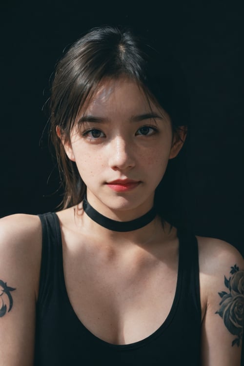 photo, rule of thirds, dramatic lighting, medium hair, detailed face, detailed nose, woman wearing tank top, freckles, collar or choker, smirk, tattoo, intricate background
,realism,realistic,raw,analog,woman,portrait,photorealistic,analog,realism