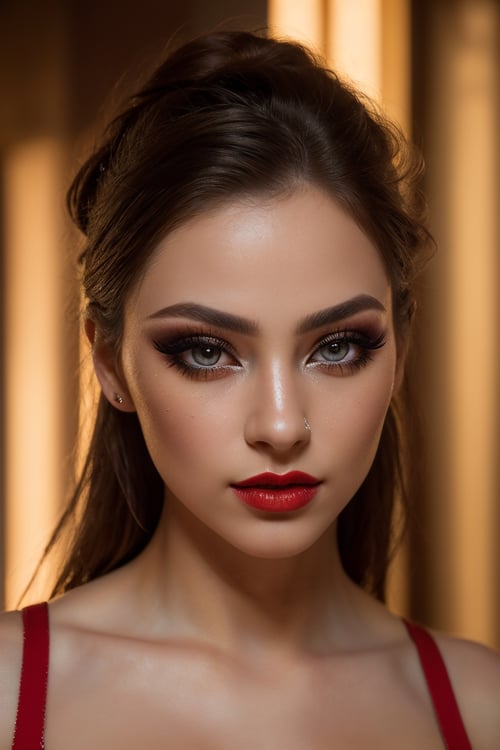 (best quality,4k,8k,highres,masterpiece:1.2),ultra-detailed,(realistic,photorealistic,photo-realistic:1.37),beautiful woman with perfect makeup, detailed eyes with long eyelashes, close-up of red lipstick, stunning portrait, the highest level of details, with a resolution of 8k.