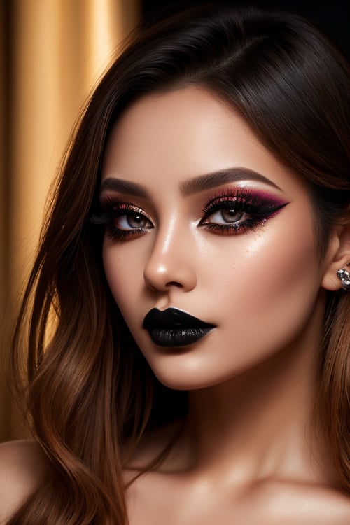 beautiful woman, makeup, detailed eyes, close-up of black lipstick, portrait, photorealistic, 8k, high-resolution, ultra-detailed, professional lighting, perfect skin, stunning features, intense gaze, intricate eyelashes, flawless complexion, vibrant colors, dramatic shadows, glossy finish